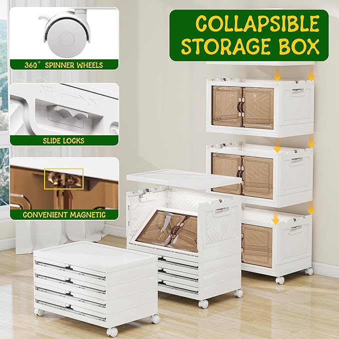 Storage Bins with Lids and Wheels, Collapsible Bathroom Storage Cabinet with Clear Doors, Plastic Stackable Closet Organizers and Storage Containers White 270 QT