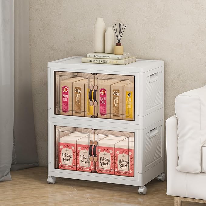Storage Bins with Lids and Wheels, Collapsible Bathroom Storage Cabinet with Clear Doors, Plastic Stackable Closet Organizers and Storage Containers White 90 QT