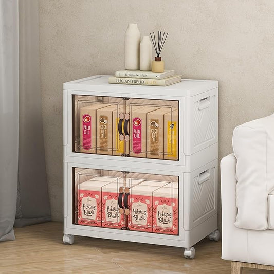 Storage Bins with Lids and Wheels, Collapsible Bathroom Storage Cabinet with Clear Doors, Plastic Stackable Closet Organizers and Storage Containers White 90 QT
