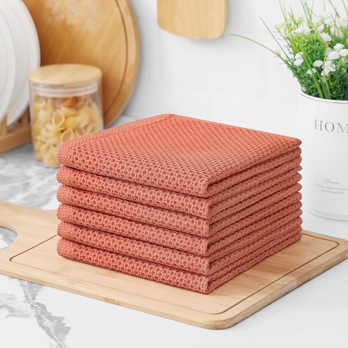 Kitinjoy 100% Cotton Kitchen Dish Cloths, 8 Pack Waffle Weave Ultra Soft Absorbent Dish Towels for Drying Dishes Quick Drying Kitchen Towels Dish Rags, 12 X 12 Inches, Coral