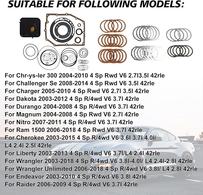 68332423AA 42RLE Transmission Master Rebuild Kit with Gasket Friction Clutches Filter Fits for 2005-2010 Chrysler 300,2009-2010 Challenger,2006-2010 Charger,Jeep,Mitsubishi,Ram OE 68332423AA
