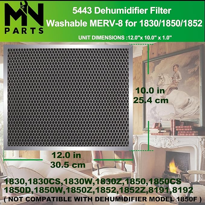 5443 Dehumidifier Filter 10"x12"x1" MERV 8 Washable Compatible with Whole-House Dehumidifiers Models 1830 1850 1852 and Ventilation Models 8191 8192 Replacement Filter 2 Packs