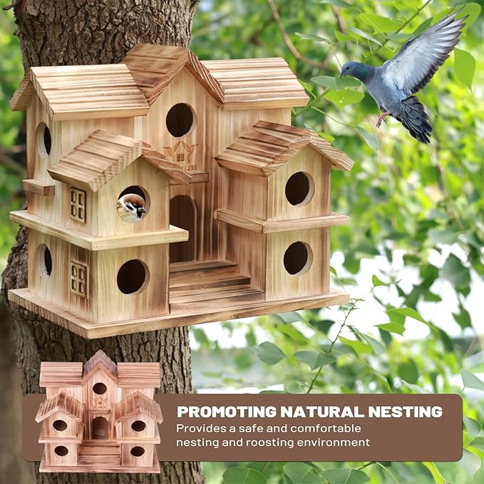 Large Bird House with 10 Holes - Handcrafted Wooden Martin House for Outdoor, Ideal for Purple Martins, Bluebirds, Finches, Cardinals, Sparrows, Chickadees