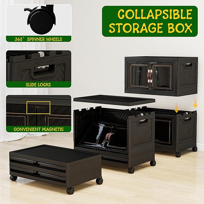 Storage Bins with Lids and Wheels, Collapsible Bathroom Storage Cabinet with Clear Doors, Plastic Stackable Closet Organizers and Storage Containers Black 314 QT