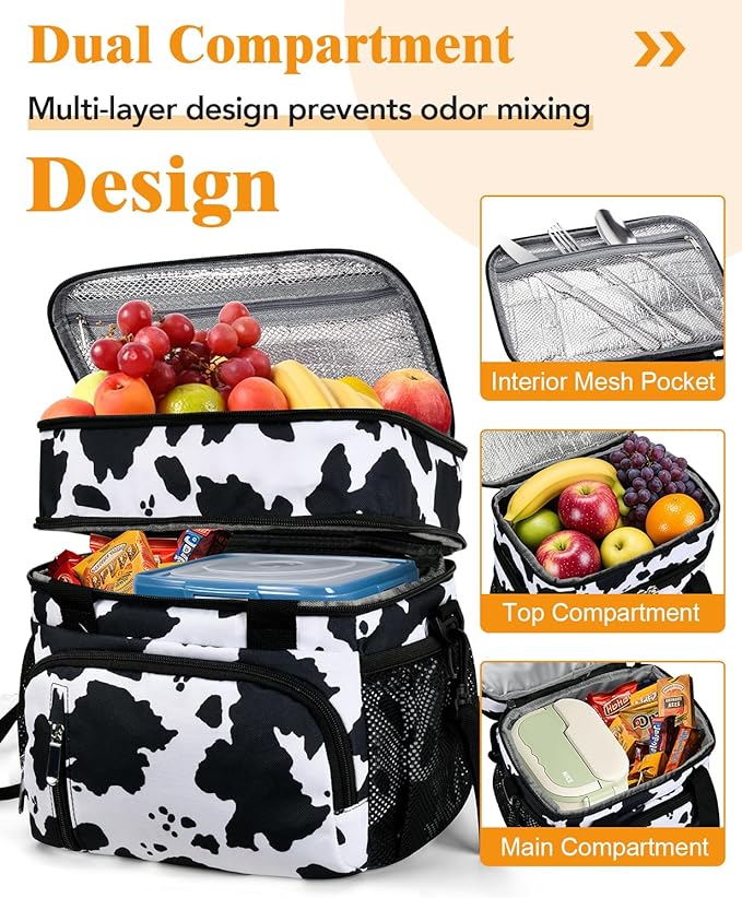 Lunch Box for Women, Double Insulated Lunch Bag Reusable Leakproof Cooler Bag Portable Picnic Food Bag, Adult Lunch Tote Lunch Bag for Work, Construction Worker, Truck Driver-Cow Print