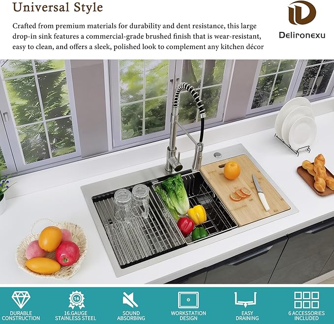 33x19 Drop In Kitchen Sink - Delironexu 16 Gauge Stainless Steel Sinks, 33 Inch Drop In Kitchen Sink Single Bowl, Top Mount Workstation Sinks with 6 Accessories Package