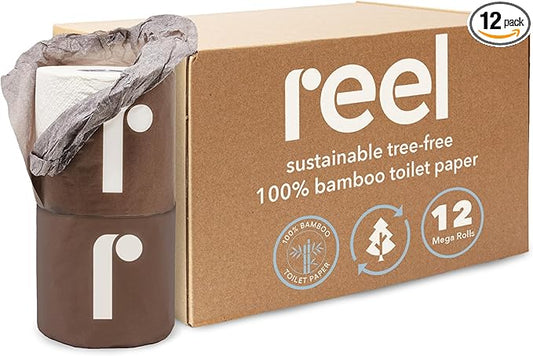 Reel Premium Toilet Paper - 12 Rolls of Toilet Paper - 3-Ply Made from Tree-Free - Zero Plastic Packaging, Septic Safe
