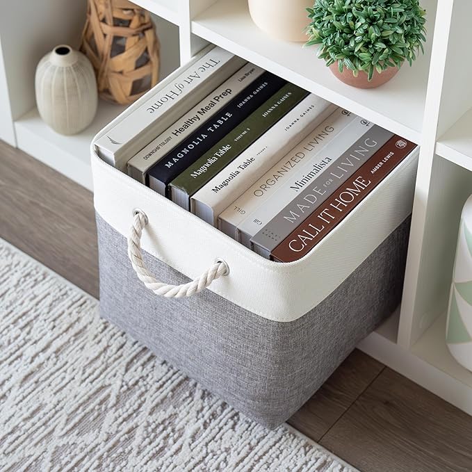 OrganiHaus 12x12 Cube Storage Bins 3 Pack, Foldable Cube Storage Organizer w/ Rope Handles, Collapsible Fabric Bins for Toys, Clothes & Closet Organization, Fabric Square Baskets - Gray/White