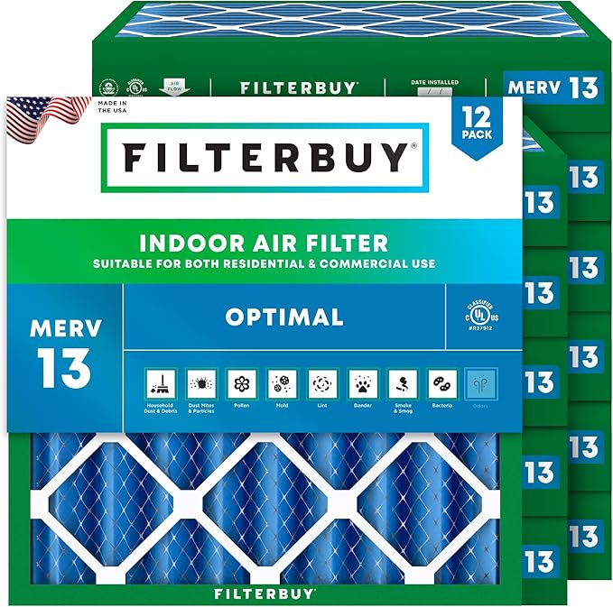Filterbuy 25x25x4 Air Filter MERV 13 Optimal Smoke & Allergy Defense (12-Pack), Electrostatic Pleated HVAC AC Furnace Filters Replacement, Made in USA (Actual Size: 24.50 x 24.50 x 3.63)