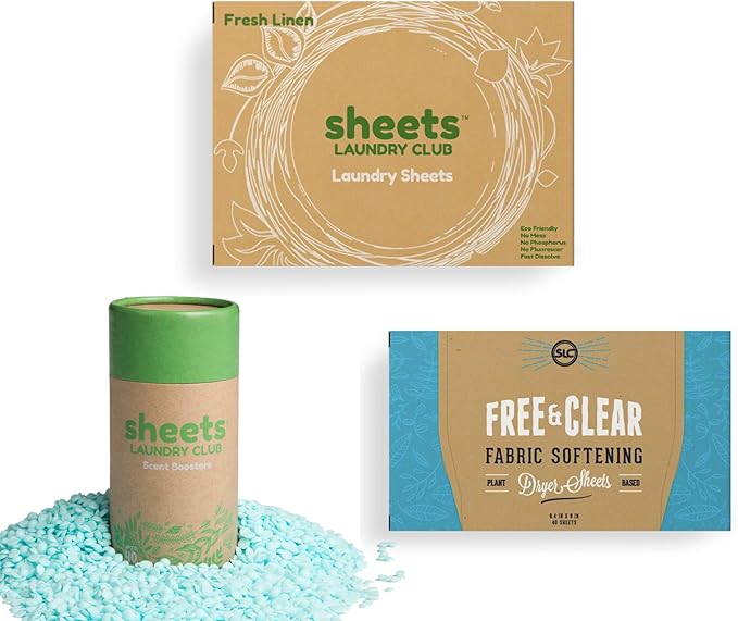 Sheets Laundry Club Bundle - 50 Pack (up to 100 loads) Fresh Linen Detergent Sheets, 40 Pack Free & Clear Dryer Sheets & 8 Oz. Sea Breeze Scent Booster - New Liquidless Technology