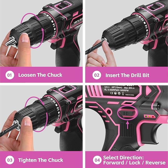 Cordless Drill Set 12V Power Drill with Battery and Charger, 2-Speed Electric Drill with 3/8" Keyless Chuck