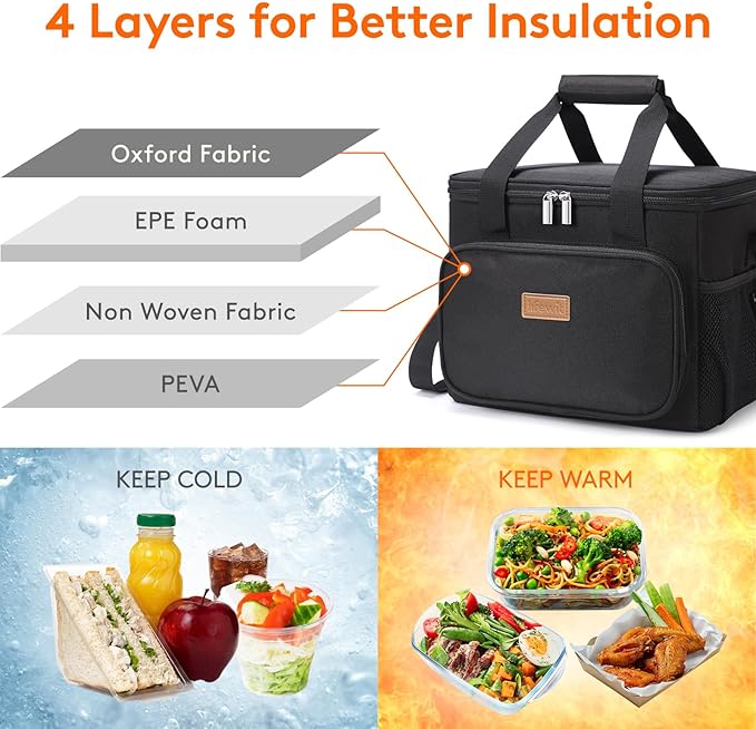 Lifewit Large Lunch Bag Insulated Lunch Box Soft Cooler Cooling Tote for Adult Men Women, Black 24-Can (15L)