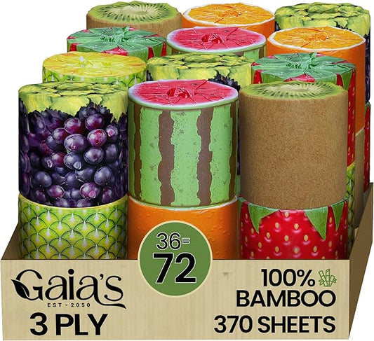 Gaias Premium and Soft Fruit TP Organic Bamboo Toilet Paper | 36 Mega Rolls, 3 Ply, 370 Sheets | FSC Certified, PFAS & BPA Free, Eco-Friendly, Sustainable Tissue - Plastic Free, Septic Safe, Vegan
