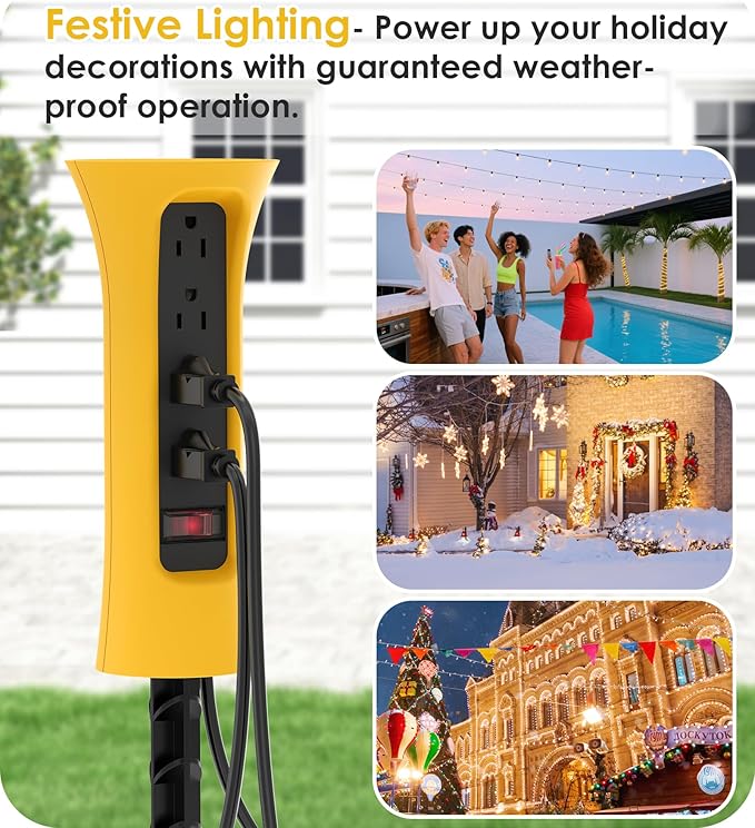 CCCEI Outdoor Power Strip Weatherproof with Stake, Waterproof Extension Cord with Multiple Outlets, Christmas Exterior Garden Decor, Yard, Camping, 4 Plugs, Surge Protector 25FT, Yellow.