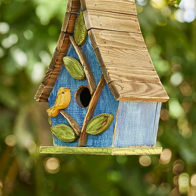 Glitzhome 9.5" H Hanging Bird House for Outdoor Patio Garden Decorative Pet Cottage Distressed Wooden Birdhouse with Natural Wood Slatted Roof and 3D Tree,Washed Blue