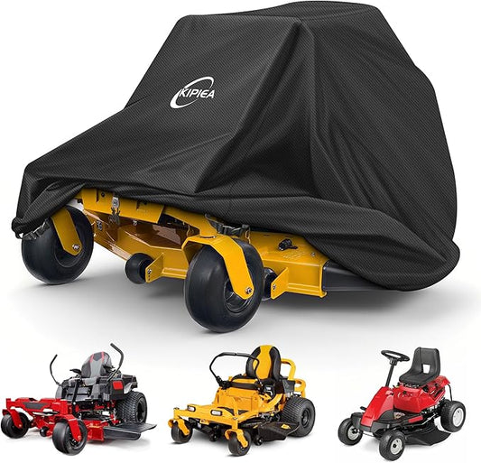 Kipiea Zero Turn Mower Cover- 600D Heavy Duty Outdoor Zero Turn Lawn Mower Cover Waterproof Universal Fit with 4 Buckles, 2 Drawstrings and Storage Bag