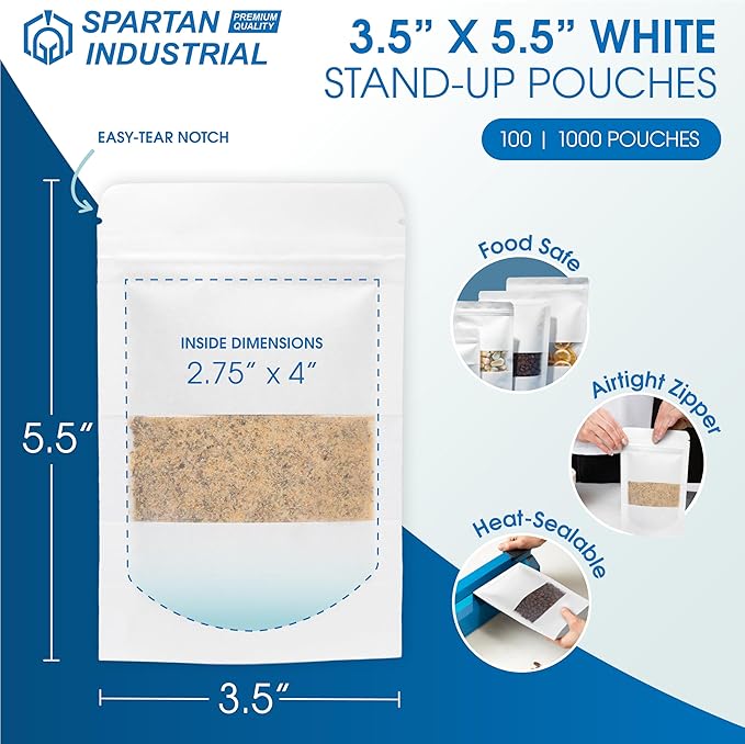 Spartan Industrial - 3.5" X 5.5" White Resealable Stand-Up Pouches - Pack of 100 Small Smell-Proof Food Pouch Bags for Packaging, Pet Treats, Cosmetics, and More