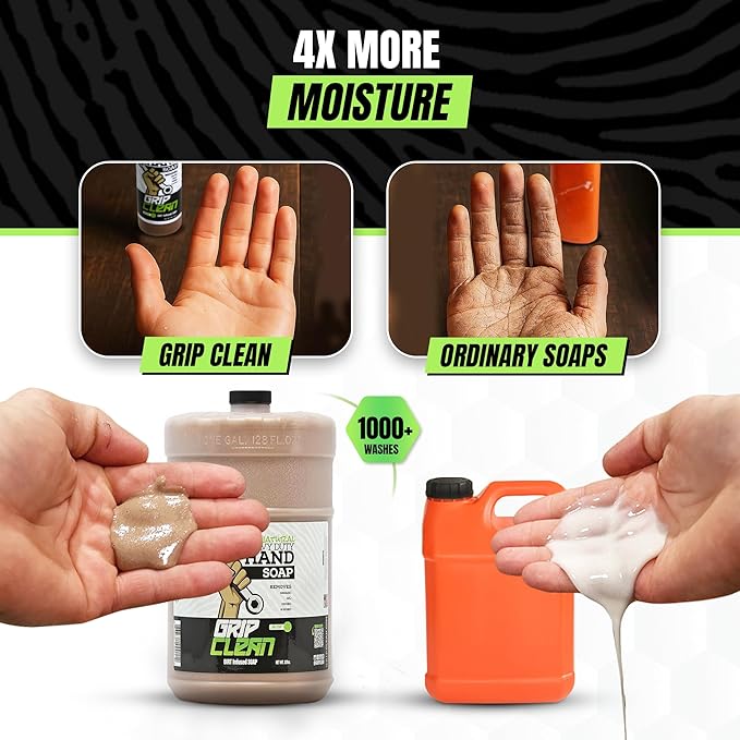 Grip Clean 4 Pk Combo – Hand Cleaner for Mechanics with Wall-Mounted Soap Dispenser + 2 Gallons Heavy-Duty Liquid Pumice Hand Soap, Natural Clay & Coconut Oil for Auto Mechanics, Industrial, & Garage