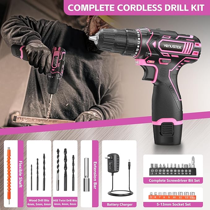 Cordless Drill Set 12V Power Drill with Battery and Charger, 2-Speed Electric Drill with 3/8" Keyless Chuck