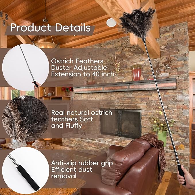 THARAHT Extendable Ostrich Feather Duster up to 16-47 inches Fluffy Feathers Long Handle Reusable for Cleaning Ceiling Fan Pendant lamp High Ceiling Blinds Furniture Feather Duster