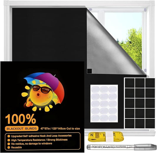 Blackout Window Cover, Upgraded Hook and Loop - Portable Shades No Residue and Longer Lasting, 100% Blackout Blinds for Window 47″ x 57″, Black Out Curtains for Bedroom and Baby Room 1.2m