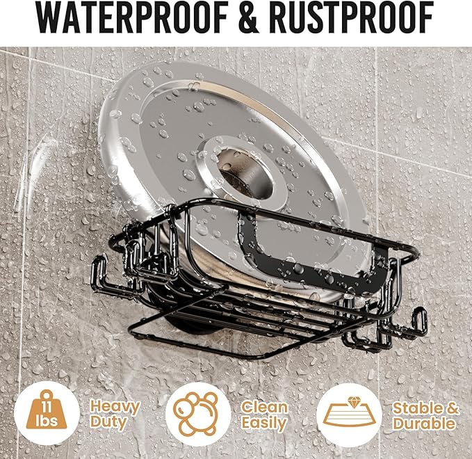 LEVERLOC Soap Holder Dish with Hooks for Shower, Bar Suction Cup Soap Tray Wall Mounted, Rustproof Stainless Steel Sponge Holder Caddy for Bathroom Bathtub Kitchen Sink, Black