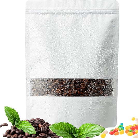 100 Pack Smell Mylar Proof Bags for Food Storage, Resealable Packaging Bags for Small Business, Stand Up Foil Pouches Reusable Heat Sealable Bags with Clear Window (White, 6.3x9.4 In)
