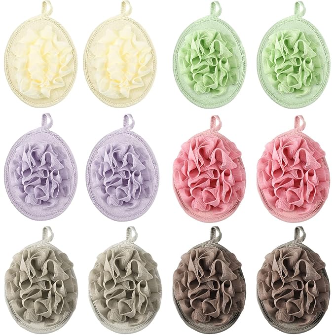 12 Pieces Shower Puff Bath Travel Loofah with Elastic Hand Strap Exfoliating Shower Gift Bulk Washable Loofah Mesh Sponges Bath Flower Ball Pad Body Scrubber for Men and Women