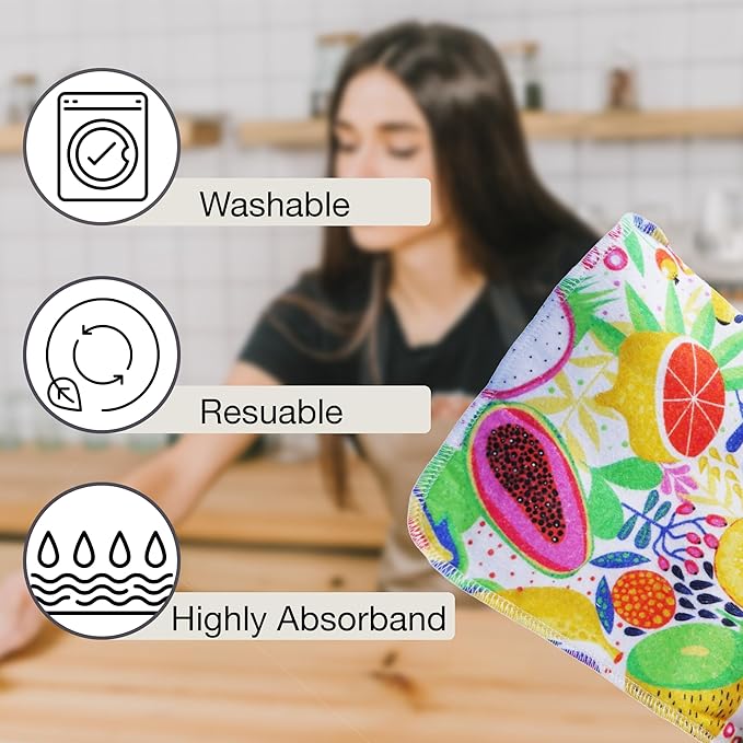Pack of 10 Reusable Paper Towels | 10x10 Inch Cotton Towels | Kitchen Utensils Print | Eco Friendly, Washable, Quick Drying | Sustainable Cleaning Cloths | Fruits