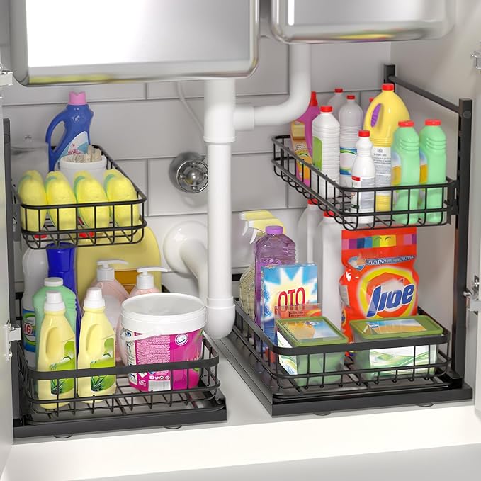 Under Sink Organizer, Adjustable Height Pull-Out Kitchen Storage Organization,15.8" x 11.8" x 16.5",2-Tier Kitchen Shelf,Bathroom Drawer Organizer, Black