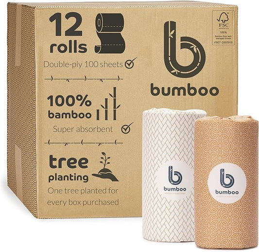 Bumboo |100% Bamboo Wrapped Kitchen Rolls | Pack of 12 Rolls (2-Ply) | Multipurpose, Plastic-Free, Eco-Friendly, Super Absorbent, Strong and Sustainable