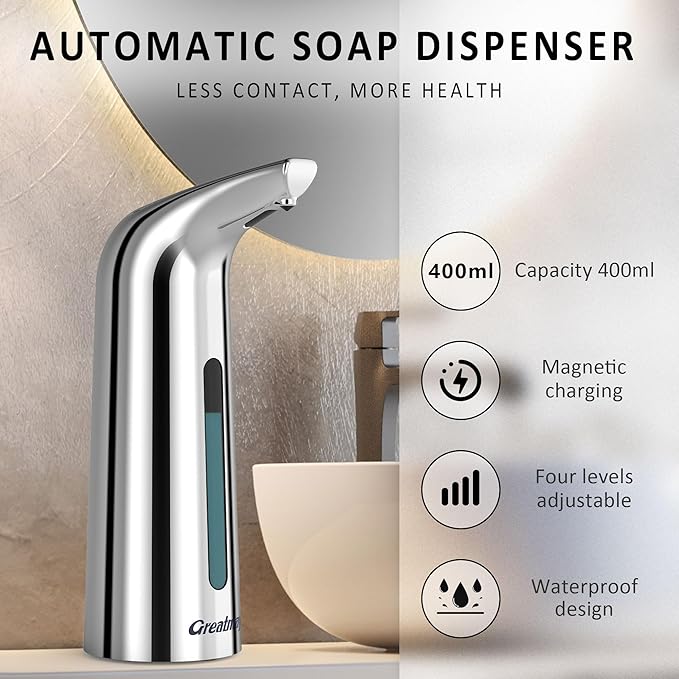 Convenient Automatic Soap Dispenser,4 Adjustable Levels Touchless Hand Sanitizer Pump with Infrared Sensor, 400 ml Countertop Electric Soap Dispenser for Bathroom,Kitchen
