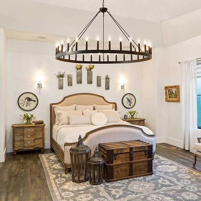 Large Farmhouse Wagon Wheel Chandelier 53",30-Light Black Round Rustic Ceiling Pendant Lighting Fixture,Industrial Chandeliers for high Ceilings Outdoor Porch Living Dining Room Kitchen Foyer