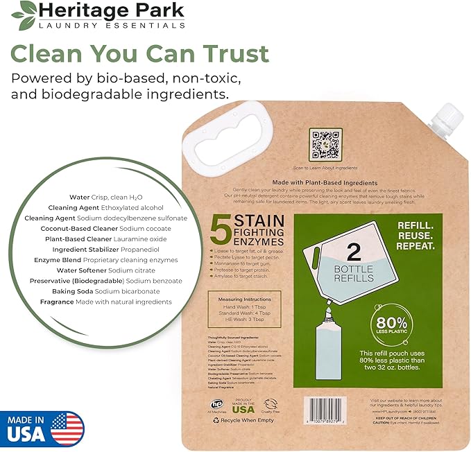 Heritage Park All-Purpose Shore Breeze, Lightly Scented, pH-Neutral Laundry Detergent - Stain-Fighting Enzymes, Ultra Concentrated (64 fl oz Refill Pouch)
