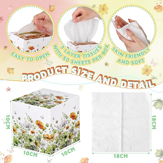 12 Pack Fall Flower Floral Facial Tissues Cube Boxes 600 Sheets 3 Ply Small Wildflower Face Tissues Bulk for Autumn Christmas Car Bedroom Supplies