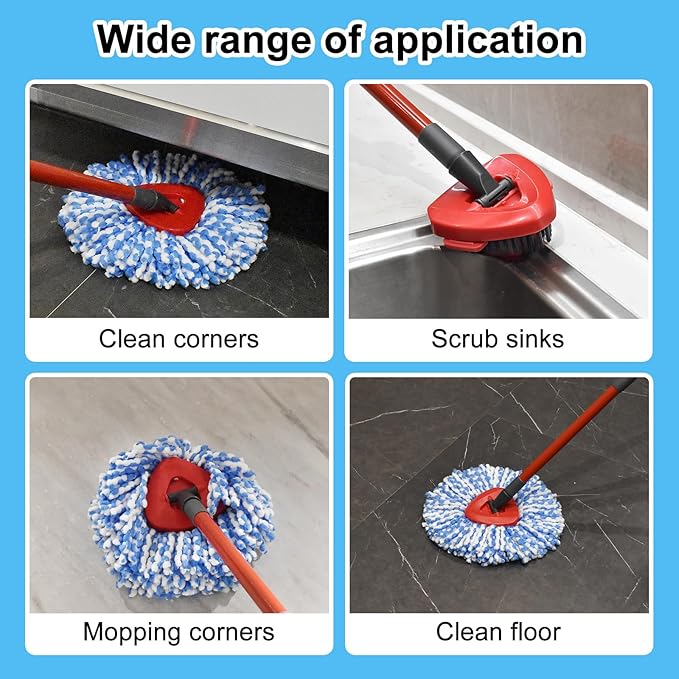 Spin Mop Handle,Mop Head,Base and Brush for OCedar RinseClean 2 Tank System,Include 2 Microfiber Spin Mop Replacement Head,4 Section 30-58" Iron Mop Handle,1 Base and 1 Scrub Brush for Floor Cleaning