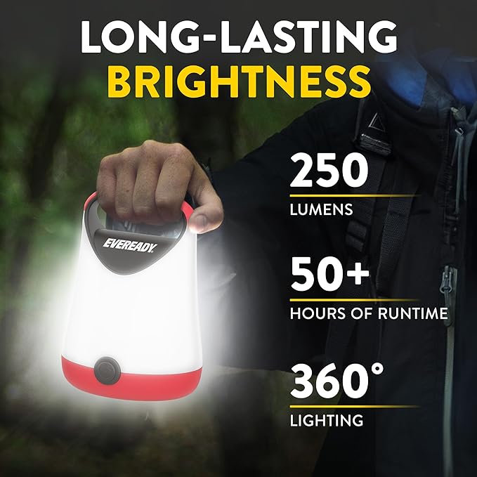 Eveready LED Camping Lantern X-250, Bright Tent Lights, Rugged Water Resistant LED Lanterns, 100 Hour Run-time (Batteries Included), Red and Black