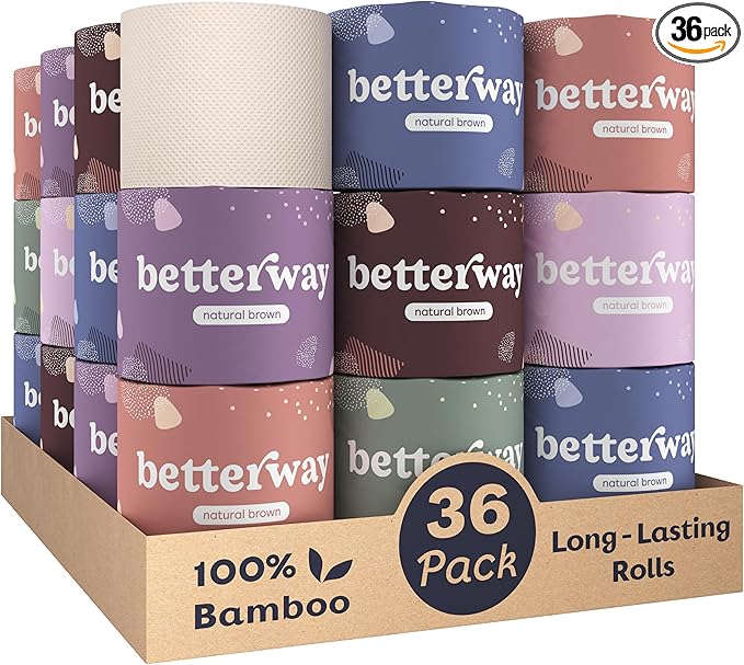 Betterway Unbleached Bamboo Toilet Paper Rolls - Eco-Friendly 3 Ply Toilet Tissue - 36 Long-Lasting Rolls - 360 Sheets/Roll - Organic, FSC Certified, Septic Safe TP - Lint-Free, PFAS-Free Bath Tissue
