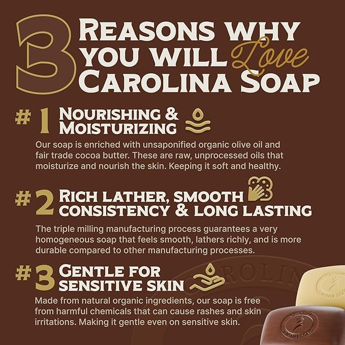 Carolina Castile Soap Vegan Bay Rum Castile Bar – 3 Bars of Natural Soap for Men, Women, and Kids – Gentle, Hydrating Castile Bars with Organic Cocoa Butter and Olive Oil, 5 Oz. Each