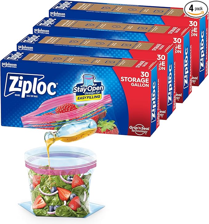 Ziploc Gallon Food Storage Bags, New Stay Open Design with Stand-Up Bottom, Easy to Fill, 30 Count (Pack of 4) (Packaging May Vary)