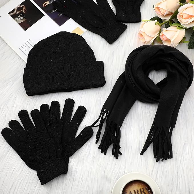 Unittype 300 Pcs Winter Beanies Gloves Scarf Set Bulk 100 Knit Skull Cap 100 Pair Winter Gloves 100 Neck Warmer for Men Women