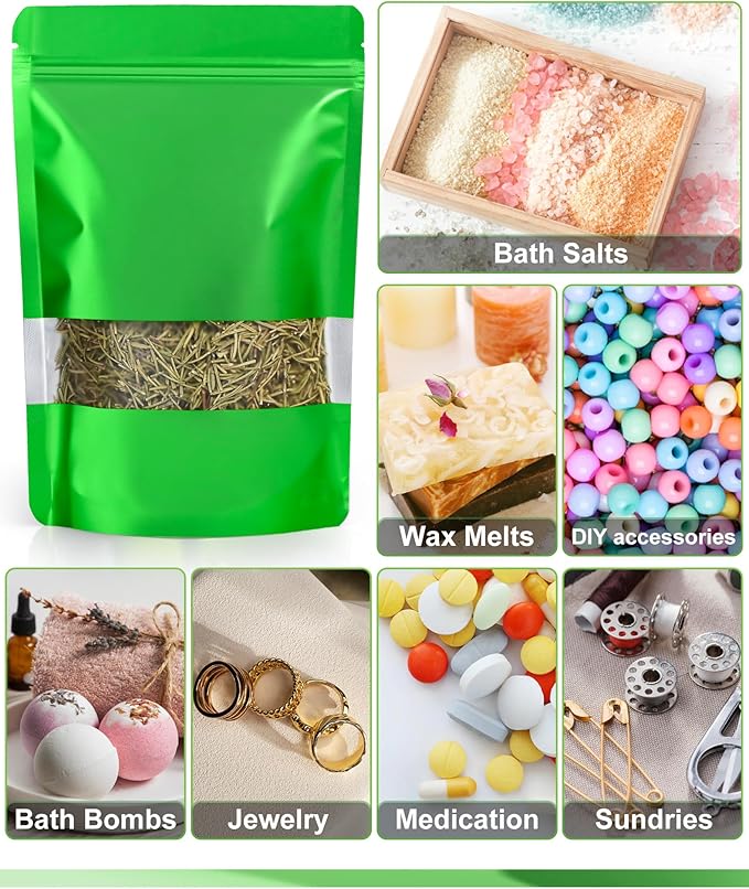 FireKylin 100 Pack Smell Proof Bags 6.3" x 9.4", Resealable Bags with Matte Window, Foil Pouch Stand Up Sealable Bags for Packaging（Green）