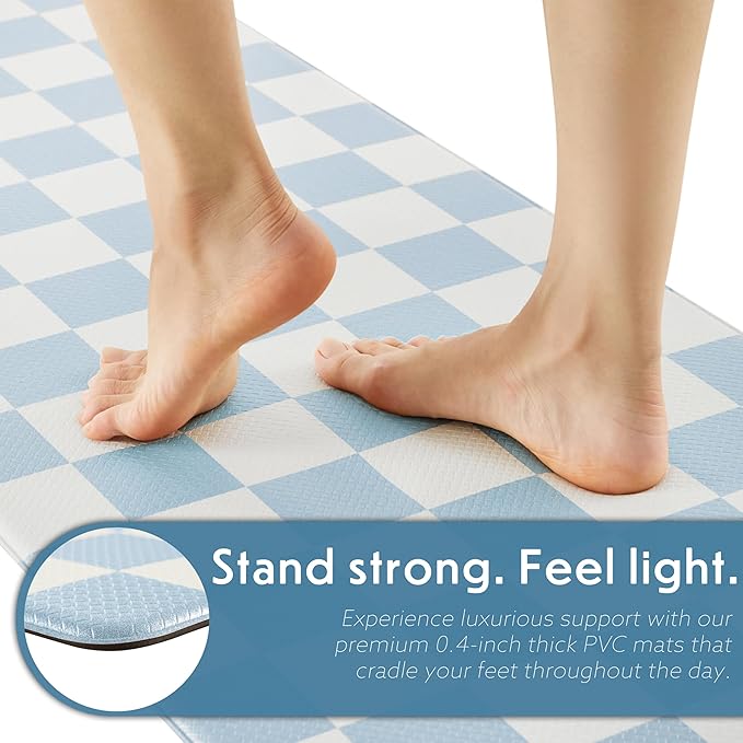 Blue Checkered Kitchen Mats for Floor Set of 2, 2 Pcs Cushioned Non Slip Runner Rugs for Kitchen/Sink/Laundry, Comfort Aesthetic Cute Anti-Fatigue Foam Floor Mat 17.3"x29.5"+17.3"x47.2"