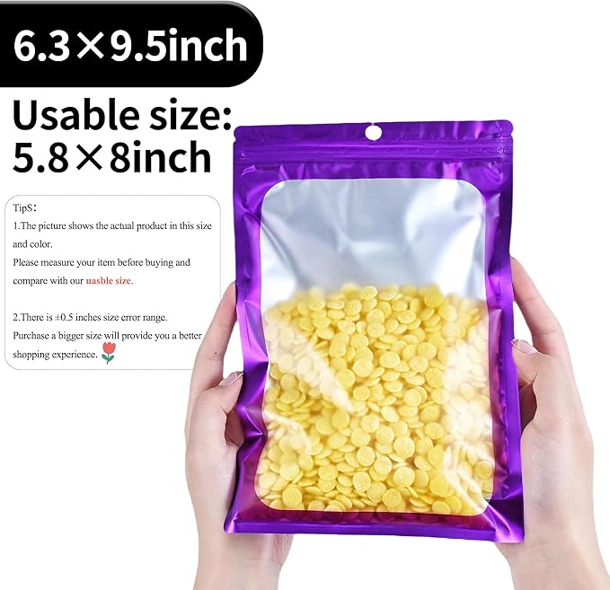 100 Pack Resealable Plastic Bags for Food Storage, Zipper Bags with Clear Front Window, Packaging Pouch for Small Business (Purple, 6.3x9.5 inch)