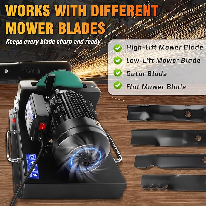 Lawn Mower Blade Sharpener 2/3 HP 500W, 7" Ceramic Wheel with 20 Sandpapers, Heavy-Duty Sharpening Machine for High/Low Lift, Gator & Flat Blades