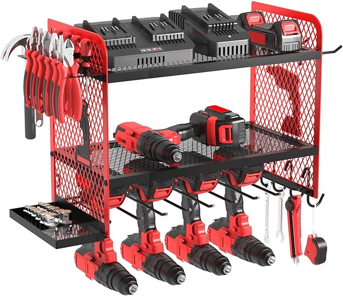 Power Tool Organizer Wall Mount Heavy Duty, 3 Tier 4 Drill Holder 17 Inch, Tool Holder and Storage Rack for Garage Organization (Red)