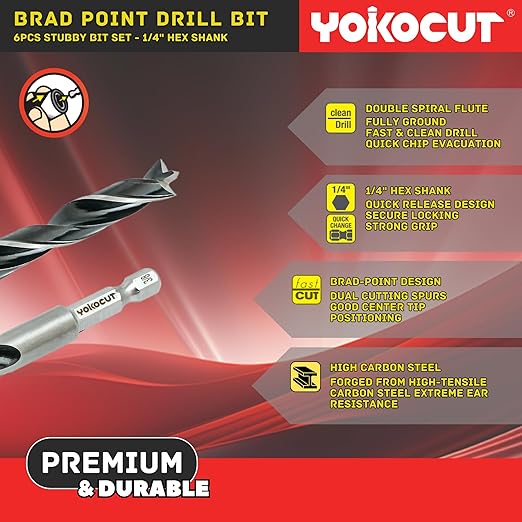 Brad Point Drill Bits Set, 13pcs for Woodworking, 1/4" Hex Shank 1/8" to 1/2" Wood Drill Bits for Hardwood, Plywood, PVC, Drywall, Lumber