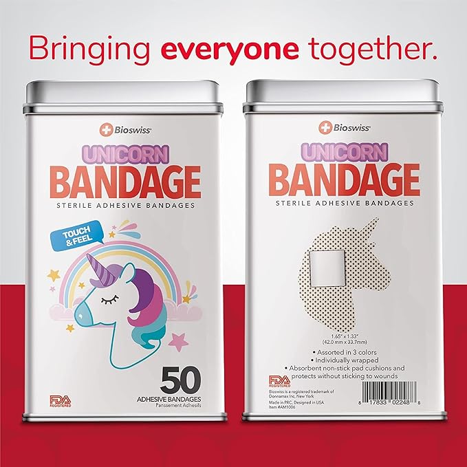 BioSwiss Kids Bandages, Unicorn Shaped Self Adhesive Bandage Set, Latex Free, Sterile Wound Care, 50 Count