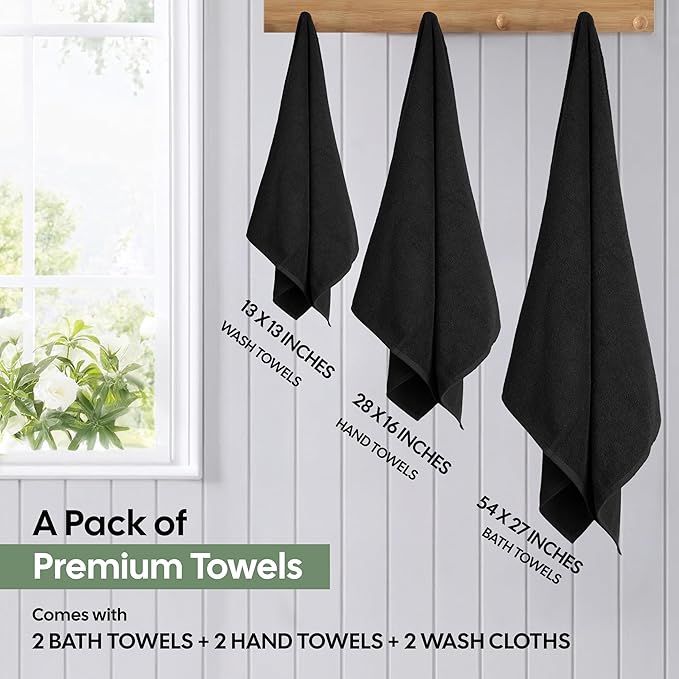 EcoNour Luxury 6-Piece Cotton Towel Set | 100% Black Turkish Cotton Towels for Bathroom, Spa, Gym & Hotel | Includes 2 Bath Towels, 2 Hand Towels, 2 Wash Cloths | Soft, Quick Dry & Highly Absorbent