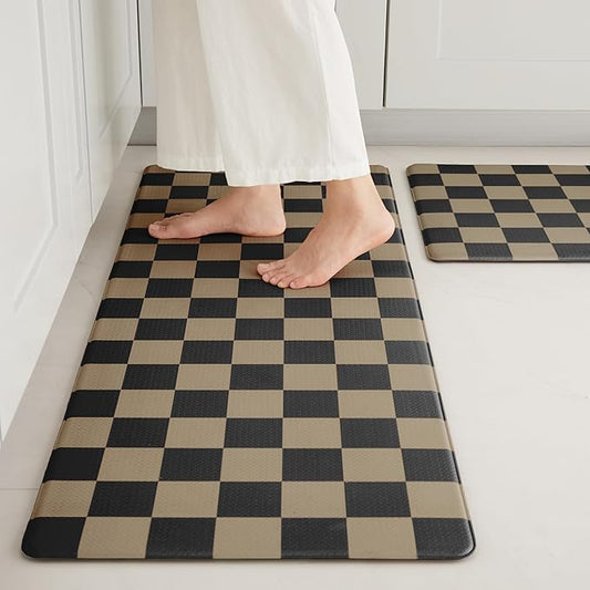 Checkered Kitchen Mats for Floor Set of 2, 2 Pcs Cushioned Non Slip Runner Rugs for Kitchen/Sink/Laundry, Comfort Aesthetic Cute Anti-Fatigue Foam Floor Mat (Brown/Black)